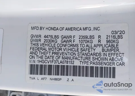 2020 Honda Accord Sport из США, поврежденный, VIN 1HGCV1F37LA078152